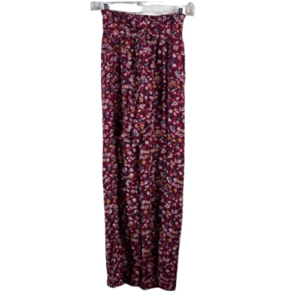 Abercrombie & Fitch Floral Wide Leg Palazzo Pants Burgundy Paper Bag Waist S
